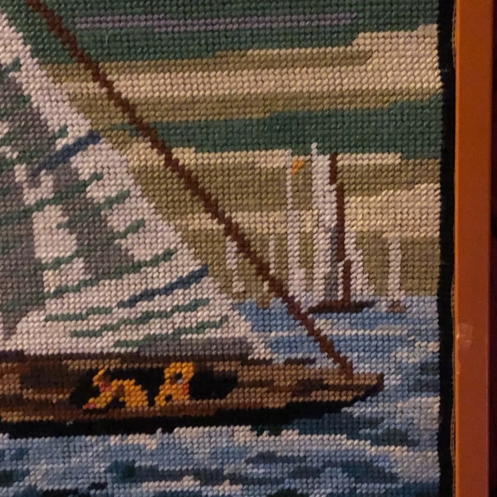 Handcrafted Sailboat Needlepoint Wall Art in Blue and Cream GORGEOUS